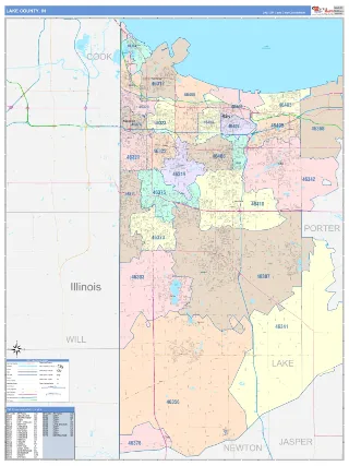 Lake County, IN ColorCast style ZIP Code wall map
