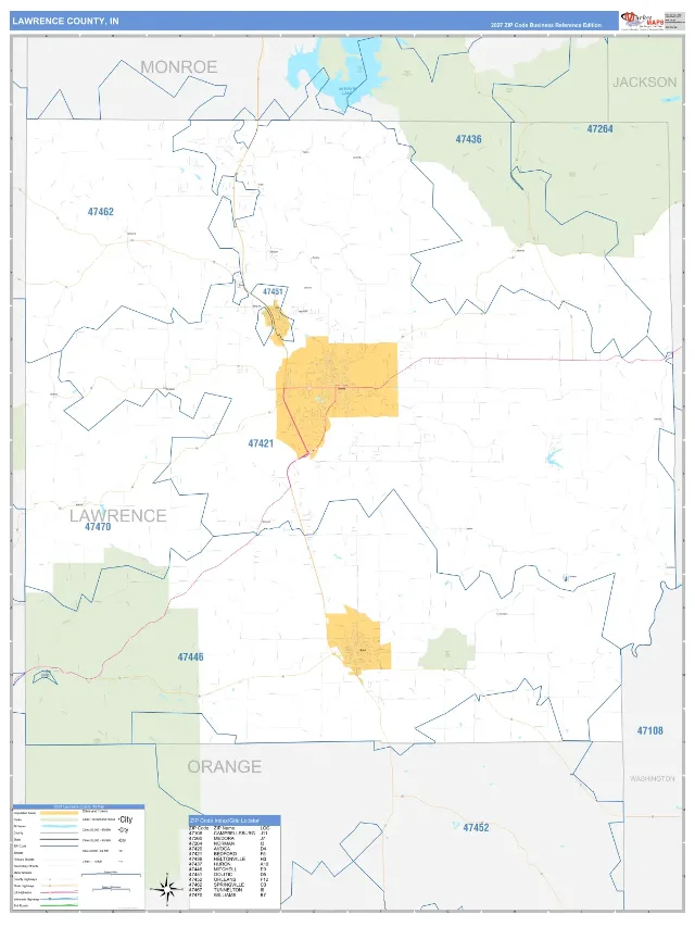 Lawrence County, IN ZIP Code Wall Map, Business Reference style