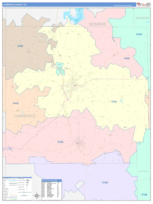 Lawrence County, IN ZIP Code Wall Map, ColorCast style