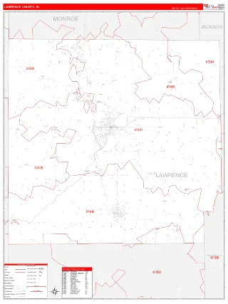 Lawrence County, IN RedLine style ZIP Code wall map