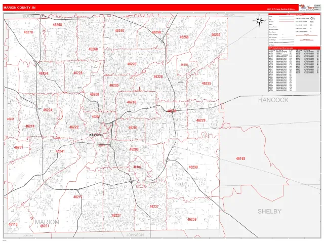 Marion County, IN ZIP Code Wall Map, RedLine style