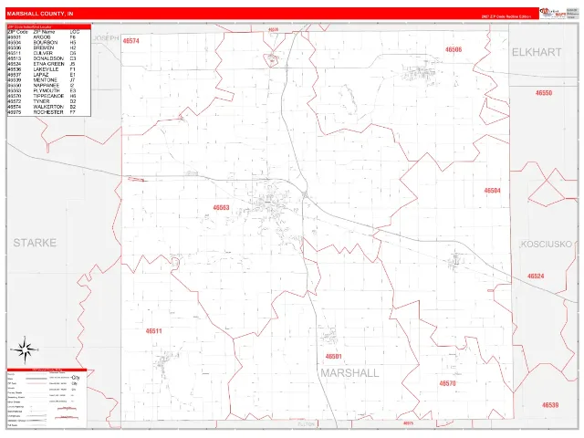 Marshall County, IN ZIP Code Wall Map, RedLine style