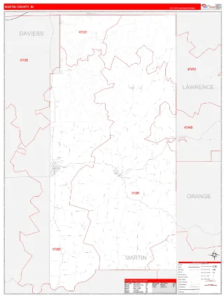 Martin County, IN RedLine style ZIP Code wall map