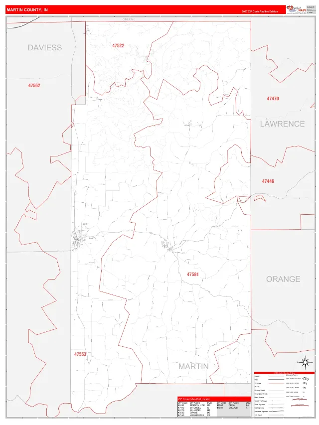 Martin County, IN ZIP Code Wall Map, RedLine style