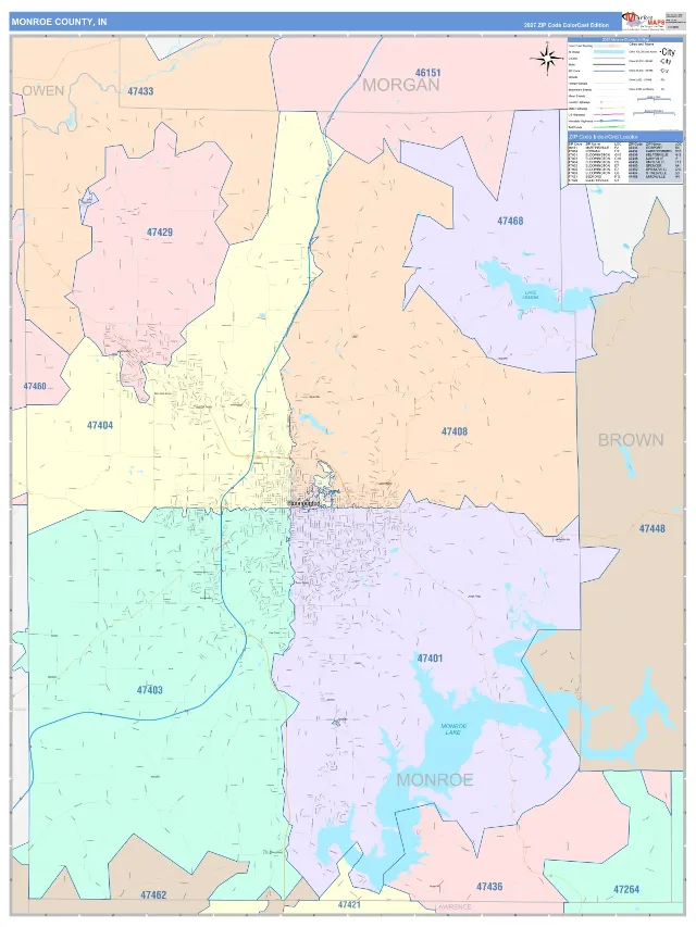 Monroe County, IN ZIP Code Wall Map, ColorCast style
