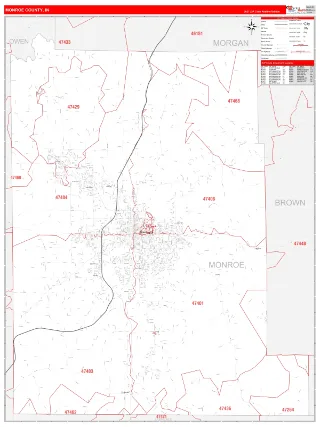 Monroe County, IN RedLine style ZIP Code wall map
