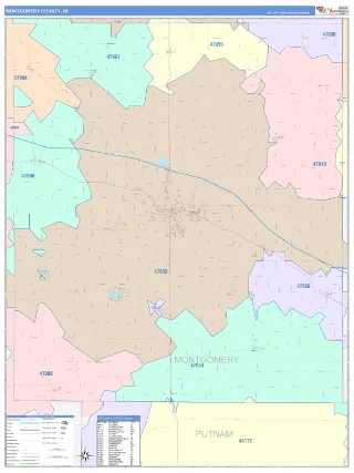 Montgomery County, IN ColorCast style ZIP Code wall map