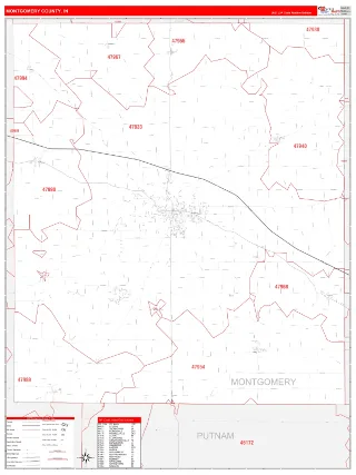 Montgomery County, IN RedLine style ZIP Code wall map