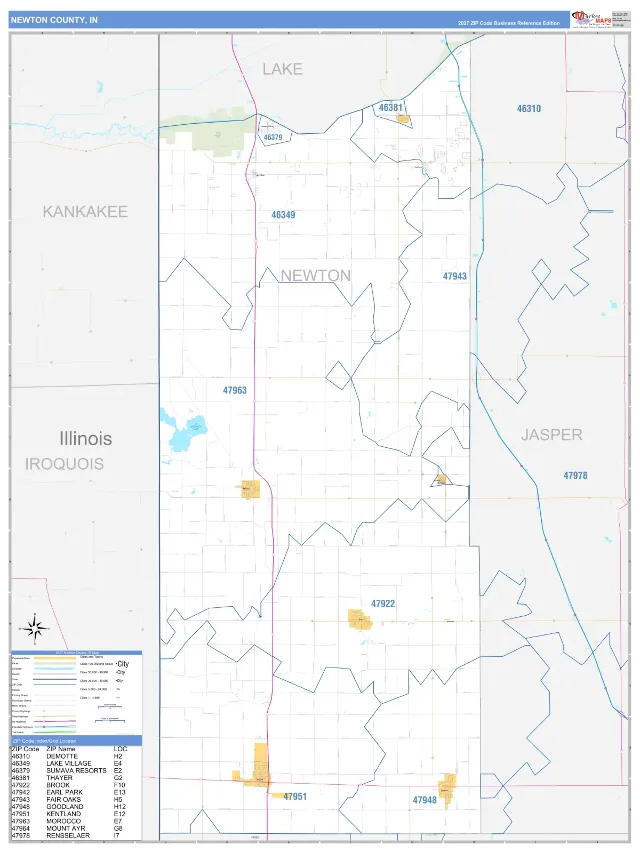 Newton County, IN ZIP Code Wall Map, Business Reference style