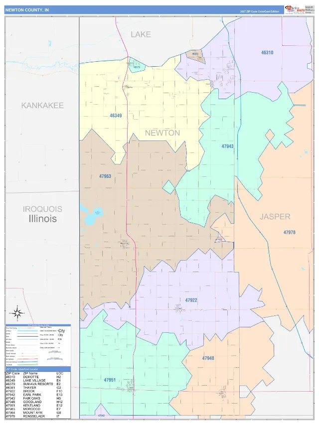 Newton County, IN ZIP Code Wall Map, ColorCast style