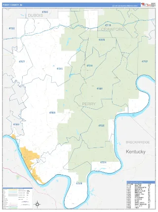 Perry County, IN Business Reference style ZIP Code wall map