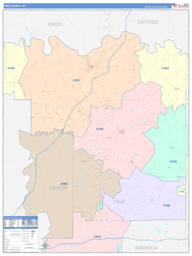 Pike County, IN ZIP Code Wall Map, ColorCast style