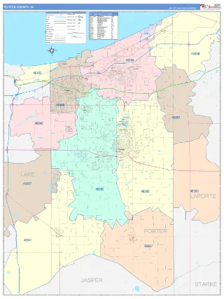 Porter County, IN ColorCast style ZIP Code wall map