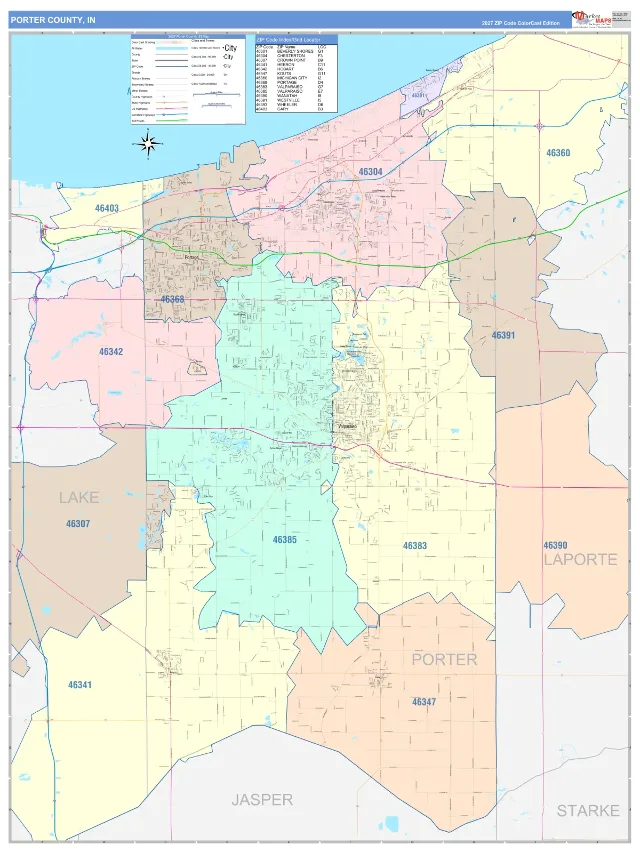 Porter County, IN ZIP Code Wall Map, ColorCast style