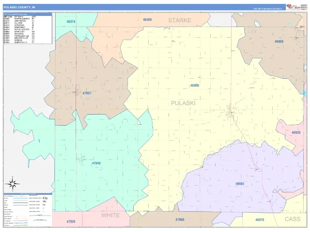 Pulaski County, IN ZIP Code Wall Map, ColorCast style