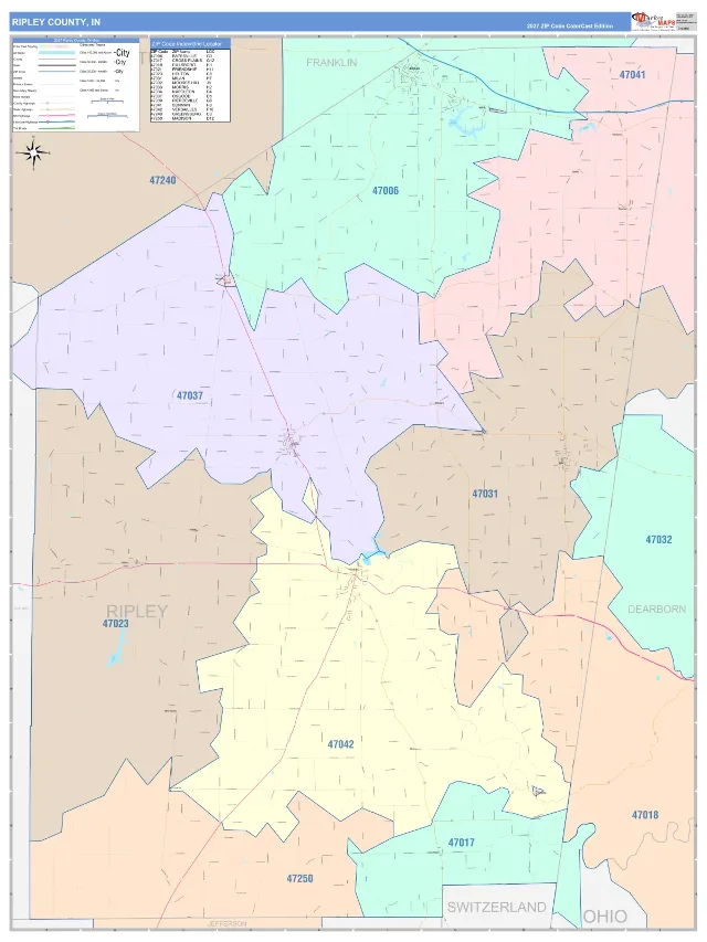 Ripley County, IN ZIP Code Wall Map, ColorCast style