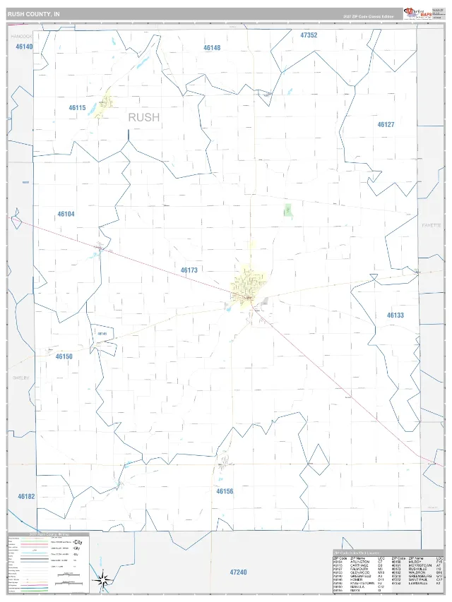 Rush County, IN ZIP Code Wall Map, Classic style