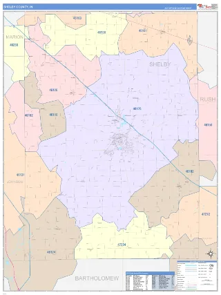 Shelby County, IN ColorCast style ZIP Code wall map