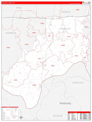 Spencer County, IN RedLine style ZIP Code wall map