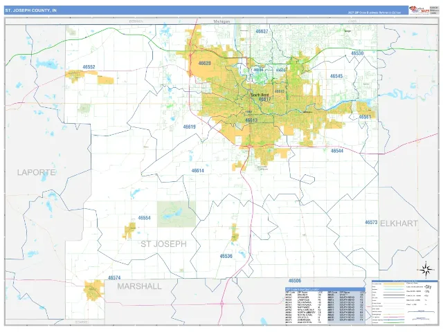 St. Joseph County, IN ZIP Code Wall Map, Business Reference style