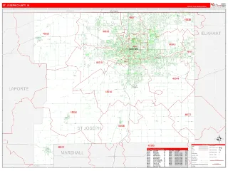 St. Joseph County, IN RedLine style ZIP Code wall map