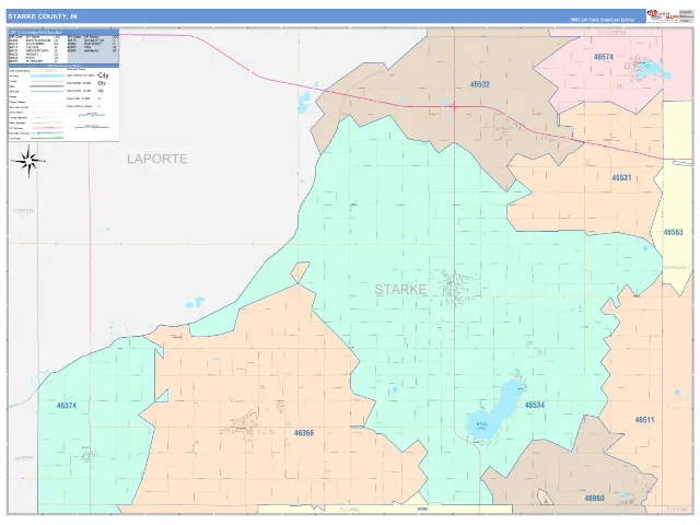 Starke County, IN ZIP Code Wall Map, ColorCast style
