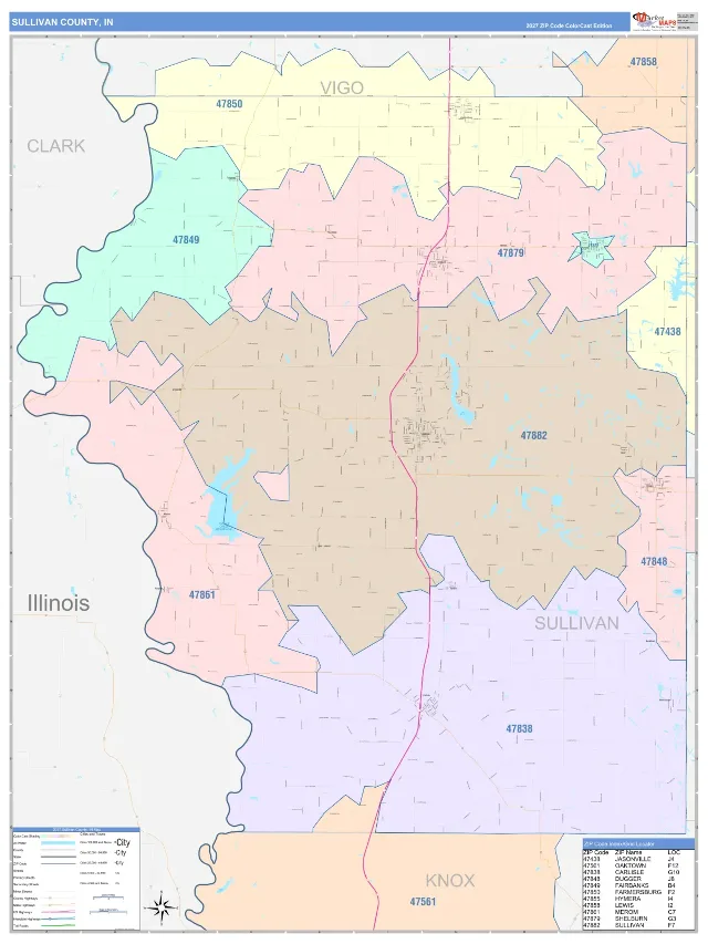 Sullivan County, IN ZIP Code Wall Map, ColorCast style