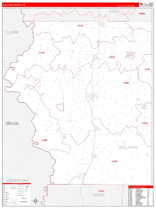 Sullivan County, IN RedLine style ZIP Code wall map