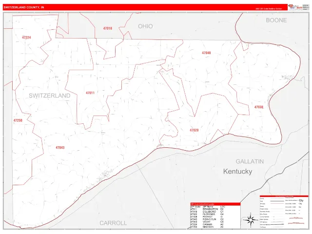 Switzerland County, IN ZIP Code Wall Map, RedLine style
