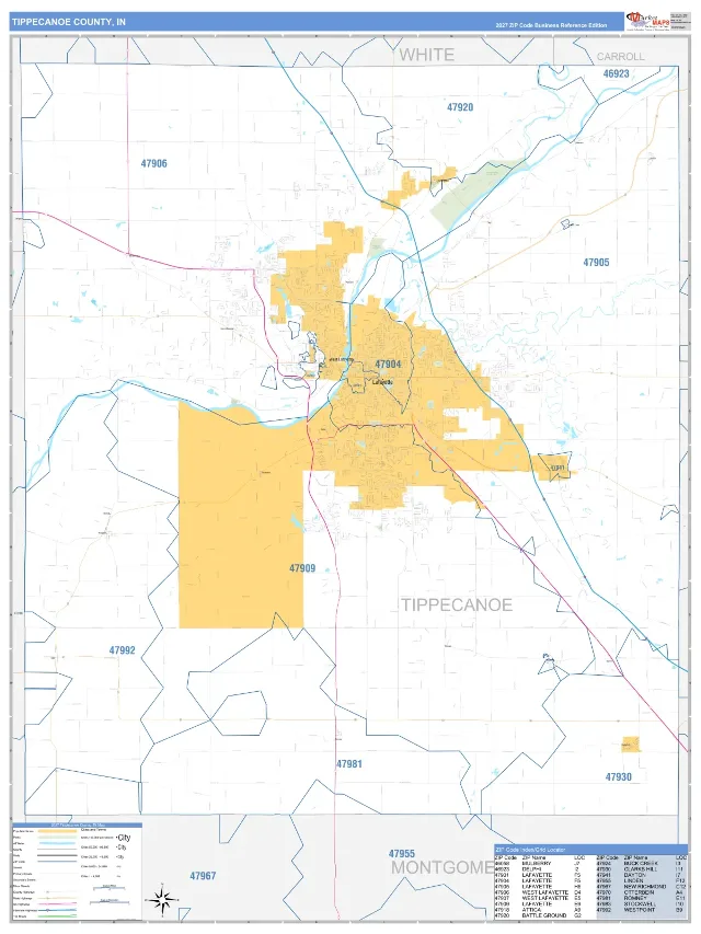 Tippecanoe County, IN ZIP Code Wall Map, Business Reference style