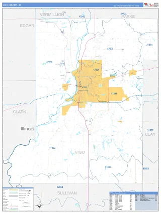 Vigo County, IN Business Reference style ZIP Code wall map