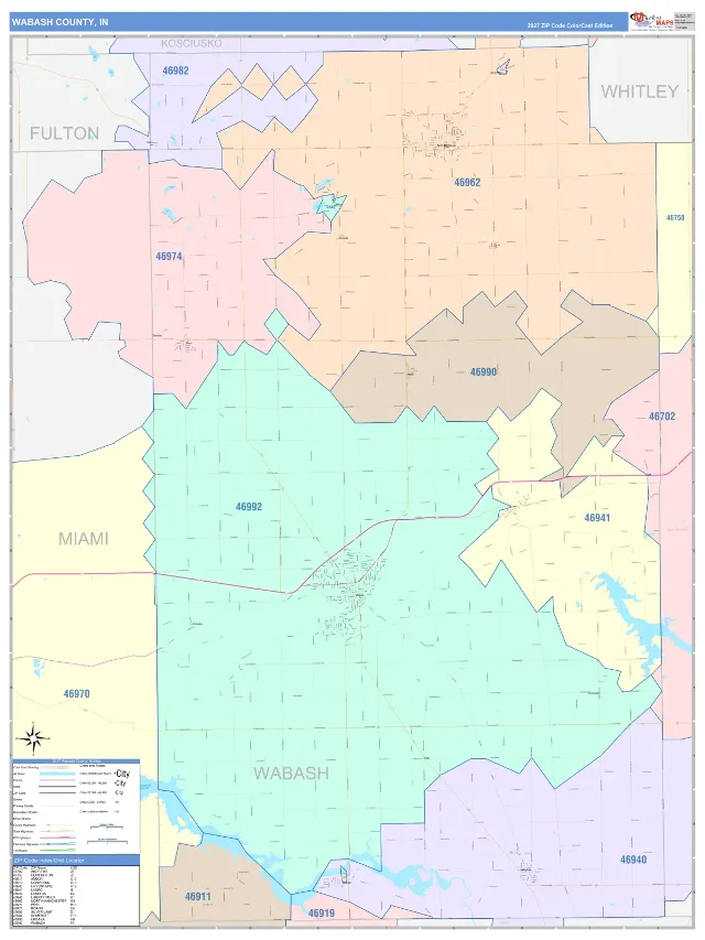 Wabash County, IN ZIP Code Wall Map, ColorCast style