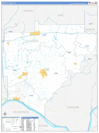 Warrick County, IN Business Reference style ZIP Code wall map
