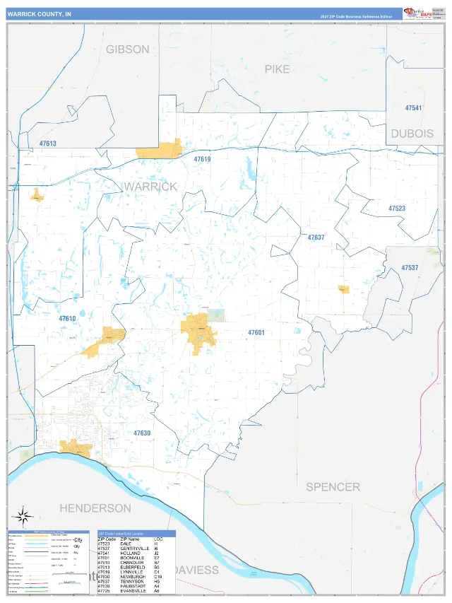 Warrick County, IN ZIP Code Wall Map, Business Reference style