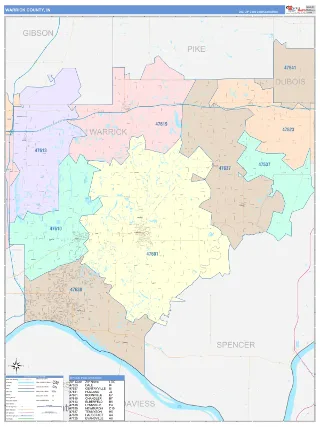 Warrick County, IN ColorCast style ZIP Code wall map