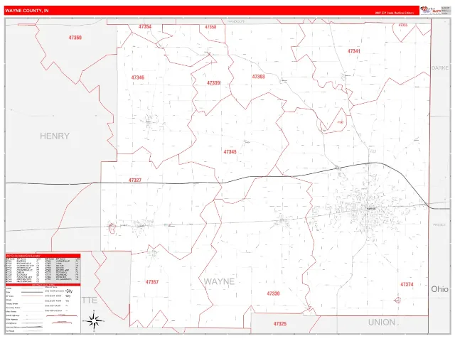 Wayne County, IN ZIP Code Wall Map, RedLine style