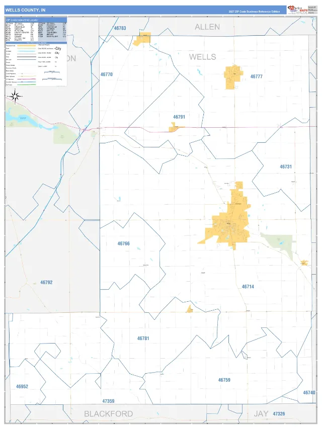 Wells County, IN ZIP Code Wall Map, Business Reference style