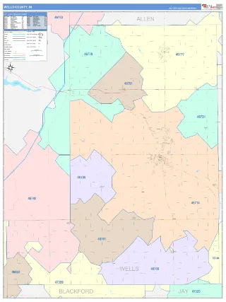 Wells County, IN ColorCast style ZIP Code wall map