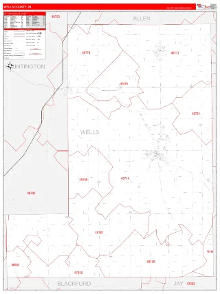 Wells County, IN RedLine style ZIP Code wall map