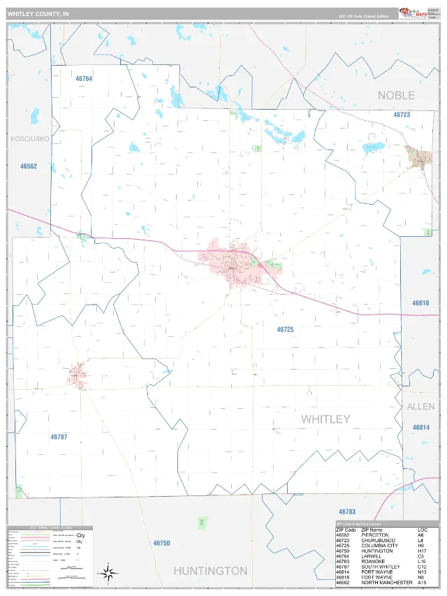 Whitley County, IN ZIP Code Wall Map, Classic style