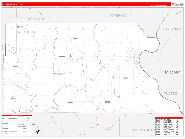 Atchison County, KS ZIP Code Wall Map, RedLine style