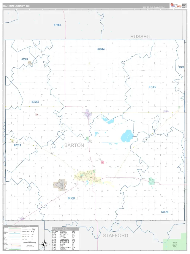 Barton County, KS ZIP Code Wall Map, Classic style