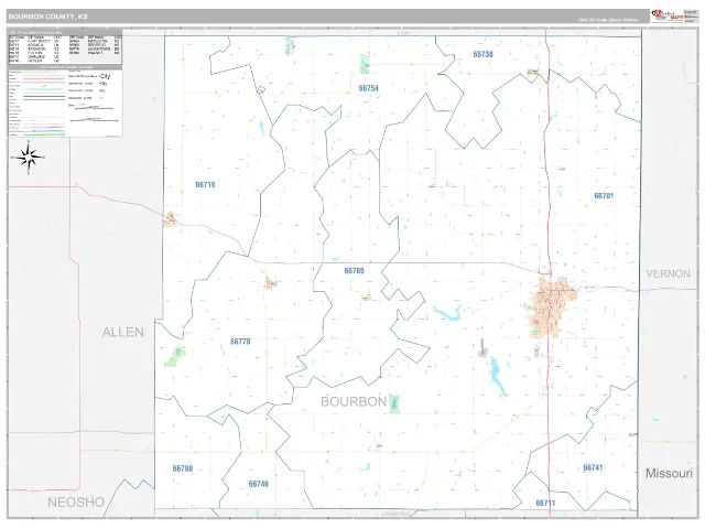Bourbon County, KS ZIP Code Wall Map, Classic style