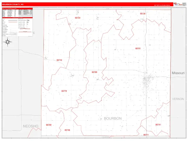 Bourbon County, KS ZIP Code Wall Map, RedLine style