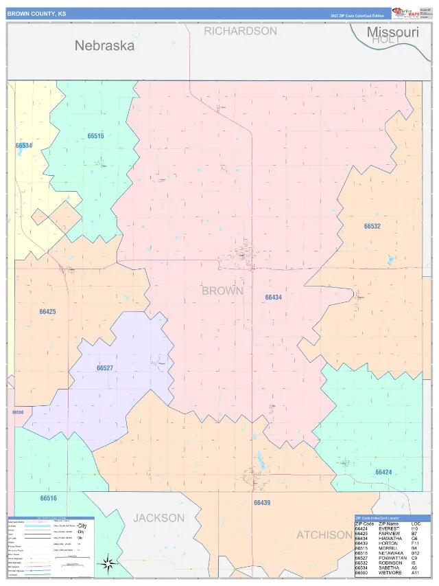 Brown County, KS ZIP Code Wall Map, ColorCast style