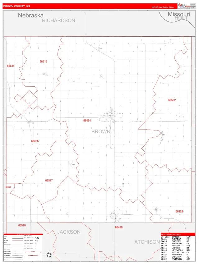 Brown County, KS ZIP Code Wall Map, RedLine style
