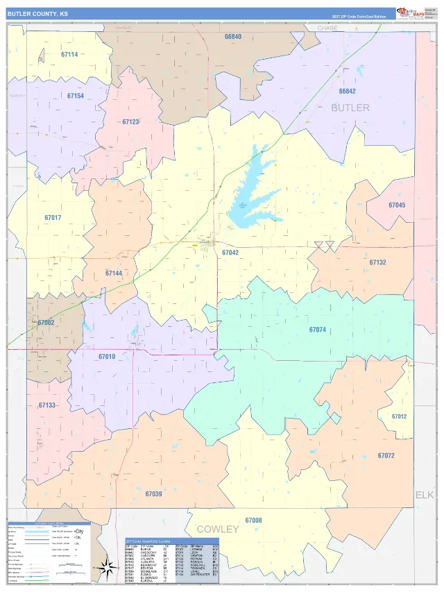 Butler County, KS ZIP Code Wall Map, ColorCast style