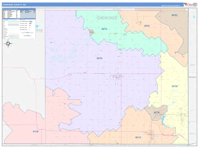 Cherokee County, KS ZIP Code Wall Map, ColorCast style
