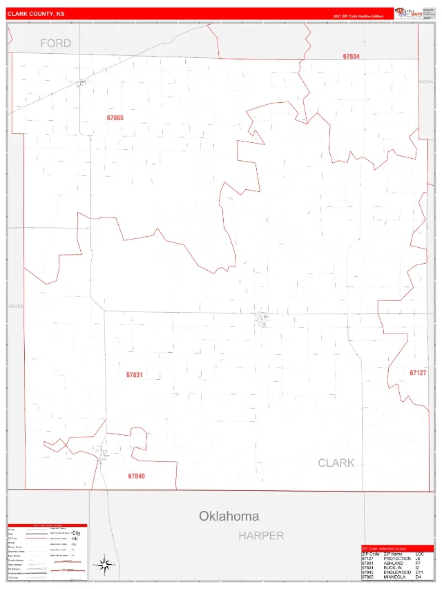 Clark County, KS ZIP Code Wall Map, RedLine style
