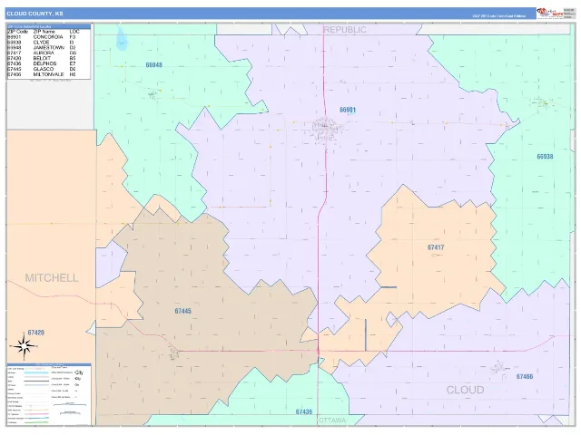 Cloud County, KS ZIP Code Wall Map, ColorCast style